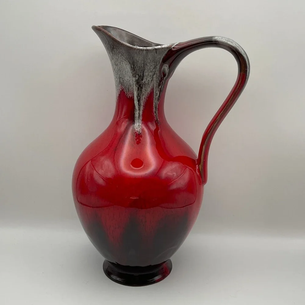 Vintage MCM Red Drip Glaze Ceramic Pitcher Vase Mid-Century Modern Pottery 11.5
